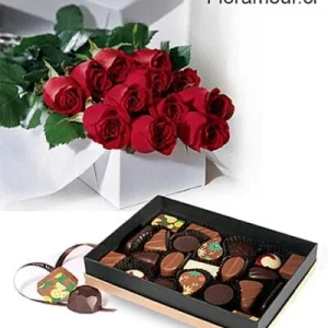 Caja con 12 rosas acompañada de exclusivos bombones de chocolates Le Vice