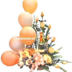 Canasto con rosas, champaña, globos y peluche
