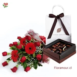 Ramo de rosas y gerberas con 22 chocolates