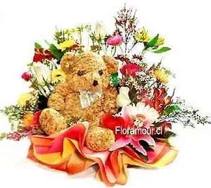 Arreglo primaveral con oso de peluche