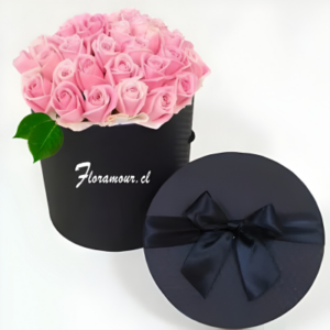 Exclusiva Caja Negra, Circular, Tambor con Rosas Rosadas