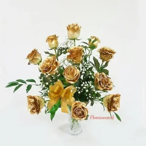 Florero 12 rosas doradas