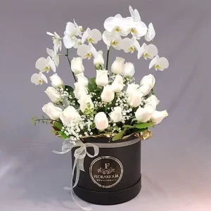 Súper luxe - Caja redonda tambor con rosas y orquídeas