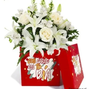 Caja de rosas, liliums, y flores de complemento - Con cariño en tu día