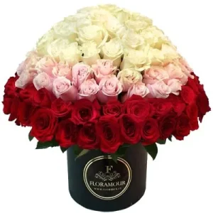 Caja tambor super Luxe con 150 rosas en degradé