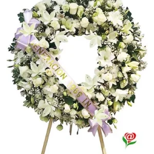 Corona de Flores para Funerales, Condolencias y Ceremonias Religiosas - Montada en Atril con Cinta Impresa
