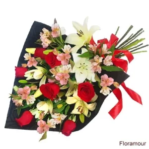 Diana - Ramo de rosas, liliums y alstroemerias
