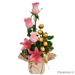 Rosabom - Arreglo de rosas, liliums y bombones Ferrero Rocher