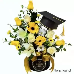 Caja tambor con Birrete de graduación y Flores amarillas