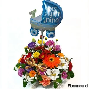 Centro primaveral con globo cochecito para recién nacidos