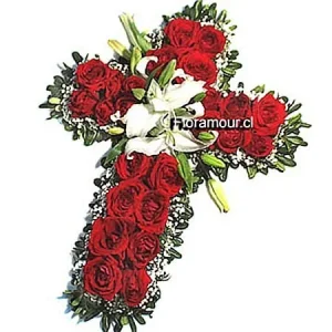 Cruz de condolencias con centro floral