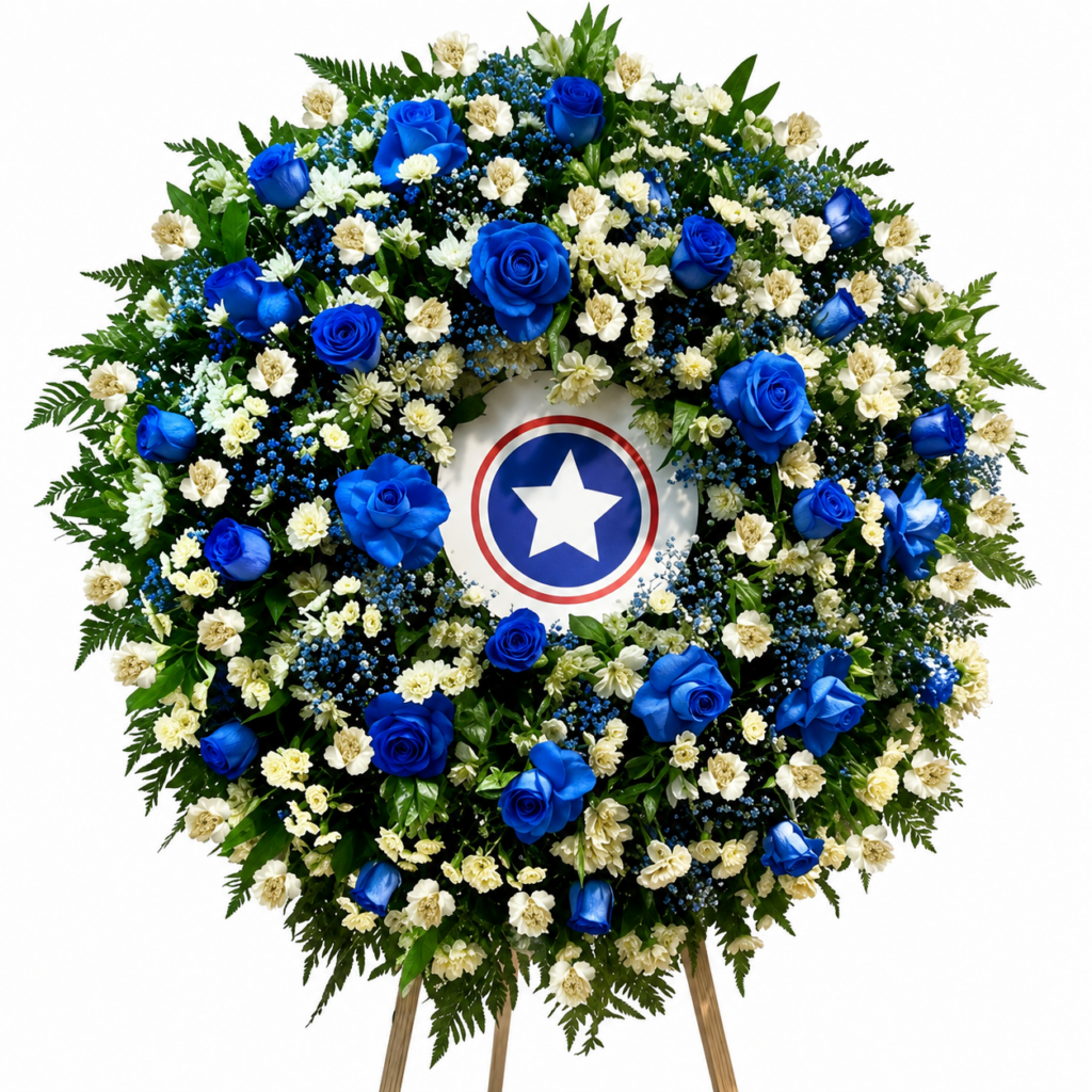 Corona ceremonial o fúnebre deluxe con rosas azules en atril
