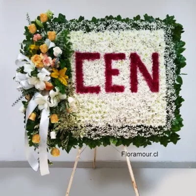 Gran panel floral corporativo en atril para condolencias