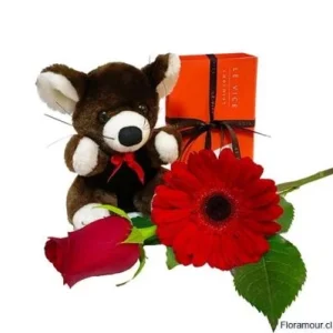 Ratabom - Mini ratón de peluche con dos flores y bombones Le Vice