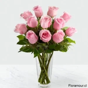 Sakura - Florero de 12 rosas rosadas