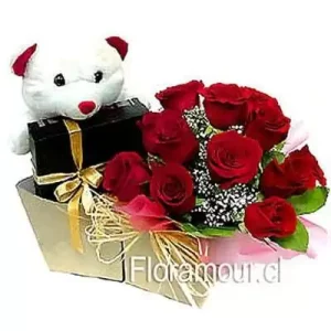 Felicidad completa - Box de rosas, peluche y bombones (Recomendaddo para celebrar nacimientos y recién nacidos)
