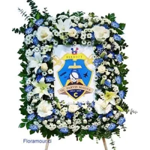 Corona de flores institucional para condolencia con imagen de logo, escudo o emblema para funeral
