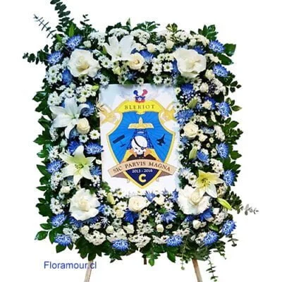 Corona de flores institucional para condolencia con imagen de logo, escudo o emblema para funeral