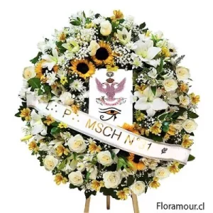 Corona Masónica de flores para funeral en Atril con logo central y cinta impresa para condolencias