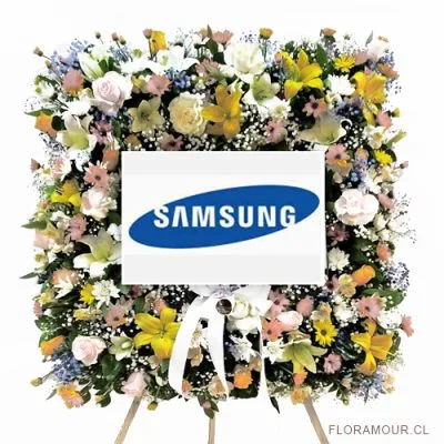 Corona de flores para funeral cuadrada en atril con logo de empresa o institucional para condolencias