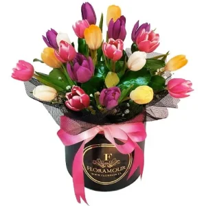 Exclusiva caja redonda con 21 tulipanes multicolor