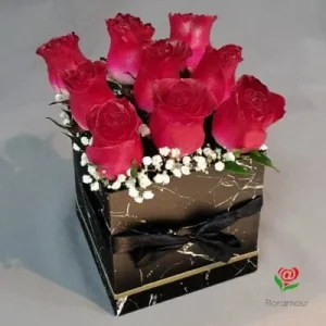 Prince - Caja cubo con 9 rosas rojas en humectación