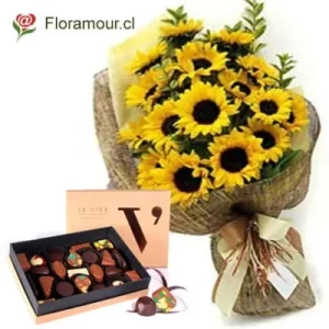 Summer - Gran ramo de girasoles con caja de chocolates "Le Vice"