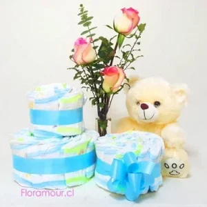 Diaper cake - Torta de pañales, oso de peluche y flores-Recomendado para enviar a domicilio para recien nacidos, nacimientos, clínicas y hospitales
