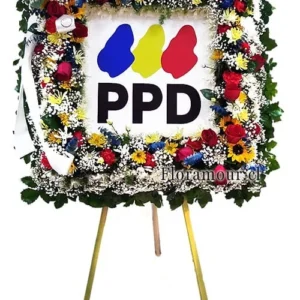 Corona Extra de condolencias institucional con imagen de logo, escudo o emblema impreso, en atril