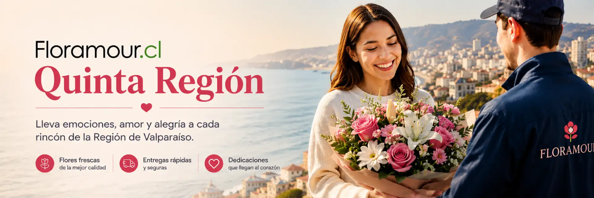 Mujer recibiendo flores a traves del servicio de entrega de Flores a domicilio en la Quinta Región con entrega en Viña del Mar, Valparaíso, Concón y Quilpué